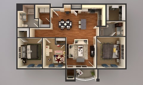 Floor plan for 3 beds, 2 baths, 1435 sqft